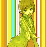  jacket open_mouth persona persona_4 pointing satonaka_chie shirabi short_hair smile solo striped striped_background track_jacket 