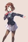  banned_artist black_legwear blush brown_eyes brown_hair hair_ornament hairclip hirasawa_yui k-on! music open_mouth outstretched_arm pantyhose paseri pencil_case pinky_out pleated_skirt school_uniform short_hair simple_background singing skirt solo utauyo_miracle 