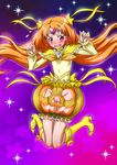  adapted_costume blush boots bow brooch bubble_skirt choker covered_nipples cure_muse_(yellow) embarrassed eyelashes fat_mons flat_chest frills hair_ornament hair_ribbon halloween jack-o'-lantern jewelry joy_ride knee_boots light_smile long_hair magical_girl naked_pumpkin no_panties open_mouth orange_hair pink_eyes precure pumpkin purple_background pussy ribbon shirabe_ako skirt solo star starry_background suite_precure wavy_mouth yellow_bow yellow_choker yellow_ribbon 