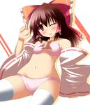  arm_up ascot blush bow bra brown_hair detached_sleeves hair_bow hair_tubes hakurei_reimu highres lingerie liya navel one_eye_closed open_mouth panties pink_bra pink_panties red_eyes sitting smile solo stomach thighhighs touhou underwear underwear_only white_legwear 