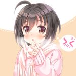  1girl :o ahoge arm_up black_hair blush breath brown_eyes commentary_request hair_between_eyes idolmaster idolmaster_cinderella_girls kohinata_miho looking_at_viewer pink_background pink_sweater scarf shiny shiny_hair shizuki_aya short_hair simple_background sleeves_past_wrists solo sweater thought_bubble two-tone_background upper_body white_background white_scarf 