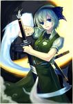  arm_up bad_id bad_pixiv_id blue_eyes bow bowtie hair_ribbon hairband highres hitodama katana konpaku_youmu konpaku_youmu_(ghost) kote_(tures) pose ready_to_draw ribbon short_hair silver_hair skirt skirt_set solo sword touhou vest weapon 