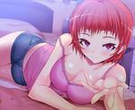  bad_id bad_pixiv_id bare_shoulders bed blush breasts cleavage denim denim_shorts kasai_shin large_breasts lying on_side original purple_eyes red_hair short_hair short_shorts shorts smile solo strap_slip 