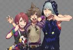  2boys :p alternate_costume belt blue_eyes bracelet brown_hair green_eyes hood hoodie jewelry kairi_(kingdom_hearts) kingdom_hearts kingdom_hearts_i long_hair looking_at_viewer multiple_boys necklace ohji130 purple_eyes red_hair riku short_hair silver_hair sleeveless sleeveless_hoodie sora_(kingdom_hearts) tongue tongue_out wristband 