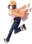  bakemonogatari banned_artist blush brown_eyes brown_hair finger_to_face from_behind jacket_on_shoulders leg_lift looking_at_viewer looking_back monogatari_(series) paseri pouch sengoku_nadeko short_hair simple_background solo 