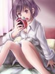  alarm_clock blush clock dress_shirt on_bed open_mouth original phazer purple_hair shirt short_hair sitting solo waking_up yellow_eyes 