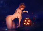  agnidevi arched_back arm_support bent_over breasts brown_eyes brown_hair halloween hanging_breasts huge_breasts jack-o'-lantern nude original pubic_hair pumpkin realistic shiny shiny_skin short_hair sideboob smile solo 