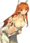  :o absurdres animal_ears breasts cleavage collar dead_or_alive hanging_breasts highres kasumi_(doa) large_breasts long_hair naked_overalls navel nipples off_shoulder orange_hair overalls red_eyes sanbasou solo strap_slip wristband 