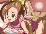  1girl bent_over blue_dragon blush bottomless breasts brown_hair cum cum_in_pussy cum_inside egg fertilization green_eyes hand_on_head impregnation kiryu_manzoku kluke nipples ponytail ribbon ribbons sex small_breasts sweat torn_clothes vaginal 