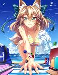  1girl all_fours animal_ears bag beach bikini blonde_hair blush bottle bracelet breasts cleavage duplicate extra_ears foreshortening fox_ears fox_tail front-tie_top glycyrrhizae green_eyes hanging_breasts jewelry large_breasts lighter long_hair looking_at_viewer lotion original perspective side-tie_bikini soda_can solo striped striped_bikini striped_swimsuit sunscreen suntan_lotion swimsuit tail wet 