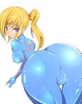  ass bangs bent_over blonde_hair blue_bodysuit blue_eyes blush bodysuit breasts cameltoe commentary_request covered_nipples ears eyebrows_visible_through_hair eyelashes foreshortening hair_tie high_collar highres looking_at_viewer looking_back medium_breasts metroid nasu800 ponytail presenting samus_aran shiny shiny_clothes sidelocks simple_background skin_tight solo swept_bangs thigh_gap white_background zero_suit 