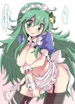  ahoge alternate_costume apron black_legwear blush breasts cleavage covering covering_breasts covering_crotch embarrassed enmaided frog_hair_ornament garter_straps givuchoko green_eyes green_hair hair_ornament hair_tubes kochiya_sanae large_breasts long_hair looking_at_viewer maid maid_headdress mishaguji naked_apron navel open_mouth snake solo tears thighhighs touhou translated very_long_hair waist_apron wrist_cuffs 