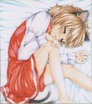  animal_ears brown_hair cat_ears cat_tail chen earrings ging_(tokushima) jewelry lying multiple_tails no_hat no_headwear on_side shikishi short_hair sleeping solo tail touhou traditional_media 