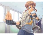  bandaid beckoning blue_eyes brown_hair fighting_stance fingerless_gloves fingernails foreshortening gloves hallway hands highres hood hood_down hoodie itou_(onsoku_tassha) looking_at_viewer original reflective_floor school school_uniform serafuku short_hair sleeves_pushed_up smile solo taunting 