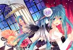  aqua_eyes aqua_hair bad_id bad_pixiv_id cage dual_persona flower hatsune_miku kokonoe_miya long_hair multiple_girls night night_sky open_mouth pink_flower pink_rose red_flower red_rose rose sky twintails very_long_hair vocaloid window wings yellow_flower yellow_rose 