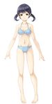  banned_artist bare_legs bare_shoulders barefoot bikini blue_bikini blue_hair brown_eyes halterneck looking_at_viewer navel original paseri short_hair short_twintails simple_background smile solo standing swimsuit twintails 