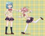  &gt;_&lt; bad_id bad_pixiv_id banned_artist blue_hair closed_eyes gonzaburou hair_ribbon hand_on_forehead height_difference kaname_madoka mahou_shoujo_madoka_magica miki_sayaka motion_lines multiple_girls pink_hair ribbon school_uniform short_hair short_twintails thighhighs twintails zettai_ryouiki 