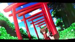 animal_ears bad_id bad_pixiv_id brown_hair cat_ears cat_tail chen cloud day dress hat highres kuromari_(runia) multiple_tails open_mouth plant red_eyes short_hair sky solo tail torii touhou tree 