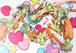  boots breasts carrot closed_eyes goggles green_eyes green_hair gumi headphones heart highres lying medium_breasts megpoid_(vocaloid3) midriff multiple_girls multiple_persona navel on_side one_eye_closed shorts skirt suspenders thigh_boots thighhighs ukke underboob vocaloid zettai_ryouiki 