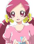  :d collarbone hair_ornament hair_scrunchie hanasaki_tsubomi heartcatch_precure! holding open_mouth owarine_miku pink_eyes pink_hair precure puffy_short_sleeves puffy_sleeves scrunchie short_sleeves simple_background smile sweater white_background 