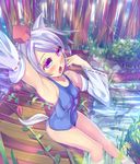  animal_ears arm_up armpits bare_shoulders blush bridge daito detached_sleeves feet_out_of_frame hat inubashiri_momiji leaf one-piece_swimsuit open_mouth plant red_eyes school_swimsuit short_hair silver_hair sitting solo stretch swimsuit tail tokin_hat touhou tree wading water white_hair wolf_ears wolf_tail yawning 