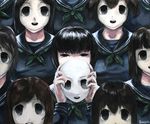  black_eyes black_hair empty_eyes expressionless hecatoncheir horror_(theme) mask multiple_girls odd_one_out original school_uniform serafuku sgk short_hair signature symbolism 