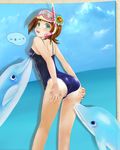  amami_haruka ass blush brown_hair dolphin from_behind goggles green_eyes idolmaster idolmaster_(classic) looking_back one-piece_swimsuit open_mouth short_hair snorkel solo sweat swimsuit zi-dabu 