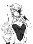  1girl arm_up armpit armpits black_beat bodysuit breasts character_request eyepatch female horns leotard monochrome simple_background solo 