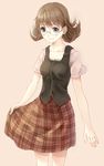  banned_artist blue_eyes brown_hair collarbone curly_hair glasses looking_down original paseri plaid plaid_skirt simple_background skirt smile solo 