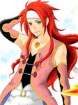  1boy blue_eyes headband long_hair male male_focus oekaki red_hair redhead simple_background solo tales_of_(series) tales_of_symphonia white_background zelos_wilder 