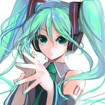  aqua_eyes aqua_hair aqua_nails bare_shoulders blue_hair detached_sleeves foreshortening hands hatsune_miku long_hair multicolored_hair nail_polish necktie pupps smile solo steepled_fingers twintails upper_body vocaloid 