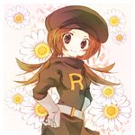  amamiya_kabosu bad_id bad_pixiv_id blush brown_hair clothes_writing cosplay flower hat kotone_(pokemon) pokemon pokemon_(game) pokemon_hgss solo team_rocket_uniform 