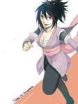  1girl black_hair breasts cleavage female sheena_fujibayashi short_hair simple_background solo tales_of_(series) tales_of_symphonia white_background 