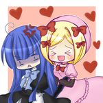  &gt;_&lt; :d anger_vein angry aruchi bad_id bad_pixiv_id blonde_hair blue_hair blush bow cat_tail chibi closed_eyes dress elbow_gloves frederica_bernkastel gloves hair_bow hat heart lambdadelta multiple_girls no_nose open_mouth pink_hat shaded_face short_hair smile tail umineko_no_naku_koro_ni xd yuri 