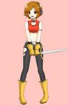  belt boots breasts brown_eyes brown_hair cosplay cutie_honey cutie_honey_(character) cutie_honey_(character)_(cosplay) daigoman full_body gloves headphones heart magical_girl medium_breasts meiko microphone sakine_meiko short_hair simple_background solo standing sword vocaloid weapon younger 