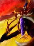  animal_ears highres holo karlwolf long_hair mountain red_eyes red_hair solo spice_and_wolf sunset tail wolf_ears wolf_tail 