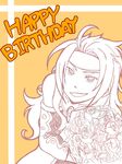  1boy bouquet flower food fruit happy_birthday headband long_hair male male_focus monochrome oekaki orange rose smile solo tales_of_(series) tales_of_symphonia zelos_wilder 