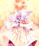  absurdres arms_up bow capelet closed_eyes crescent facing_viewer floating_hair hair_bow hand_up hat highres light long_hair magic patchouli_knowledge purple_hair robe solo striped touhou vetina 