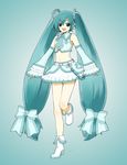  ankle_boots belt blue_eyes blue_hair boots bow daigoman detached_sleeves frills full_body hatsune_miku headset highres legs long_hair necktie simple_background skirt solo standing twintails very_long_hair vocaloid 