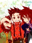  age_difference beard blush brown_eyes brown_hair buttons dirk facial_hair fang father_and_son kratos_aurion lloyd_irving oekaki red_hair redhead short_hair smile sweatdrop tales_of_(series) tales_of_symphonia 