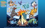  bellsprout charizard chikorita croconaw flag frisbee gen_1_pokemon gen_2_pokemon golbat highres houndoom hurdle larvitar marill no_humans official_art pokemon pokemon_(creature) punching quagsire raichu running sentret snorlax snowball sport togepi typhlosion wallpaper watermark 