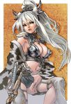  animal_ears animal_print armor aro_(charged_time_out) bad_id bad_pixiv_id breasts cleavage cow_ears cow_girl cow_horns cow_print horns large_breasts lips long_hair midriff navel original ponytail solo white_hair yellow_eyes 