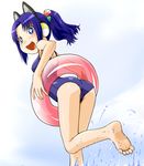 1girl :d android animal_ears ass azuma_doguu bare_shoulders barefoot blue_eyes blue_hair cameltoe cat_ears fake_animal_ears fang feet from_behind gh-420 hair_bobbles hair_ornament happy innertube looking_back one-piece_swimsuit open_mouth partner_machine phantasy_star phantasy_star_universe ponytail robot_ears running school_swimsuit smile soles solo swimsuit water 