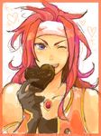  1boy blue_eyes chocolate chocolate_heart gloves headband heart long_hair male male_focus red_hair redhead solo tales_of_(series) tales_of_symphonia white_background wink zelos_wilder 