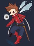  1boy boots brown_eyes brown_hair buttons full_body gloves lloyd_irving male male_focus short_hair simple_background solo sword tales_of_(series) tales_of_symphonia weapon wings 