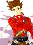  1boy brown_eyes brown_hair gloves lloyd_irving male male_focus short_hair solo sword tales_of_(series) tales_of_symphonia weapon 