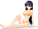  arm_support azumanga_daiou barefoot bikini black_hair blue_eyes breasts cleavage covered_nipples engo_(aquawatery) large_breasts light_smile long_hair looking_at_viewer navel orange_bikini sakaki simple_background solo swimsuit white_background 