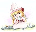  blonde_hair blush chibi hat highres irony lily_white long_hair ribbon solo tears toilet_paper touhou wings yume_shokunin 