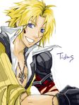 1boy blonde_hair blue_eyes character_name earrings final_fantasy final_fantasy_x jewelry male male_focus necklace short_hair smile solo tidus 
