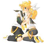  1girl bad_id bad_pixiv_id blonde_hair blue_eyes blush brother_and_sister closed_eyes detached_sleeves hair_ornament hair_ribbon hairclip headphones kagamine_len kagamine_rin kiss kneeling m_eme necktie open_mouth ribbon short_hair shorts siblings smile twins vocaloid yellow_neckwear 